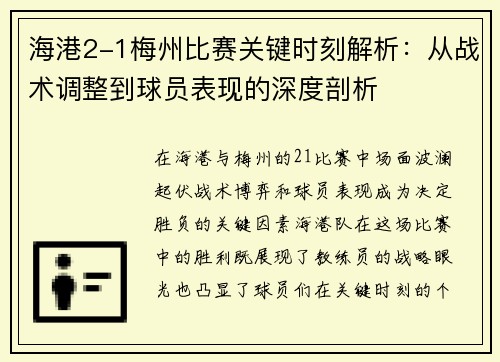 海港2-1梅州比赛关键时刻解析：从战术调整到球员表现的深度剖析