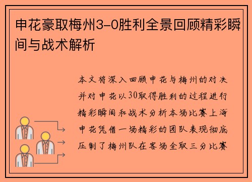申花豪取梅州3-0胜利全景回顾精彩瞬间与战术解析