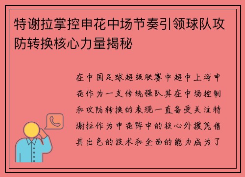特谢拉掌控申花中场节奏引领球队攻防转换核心力量揭秘